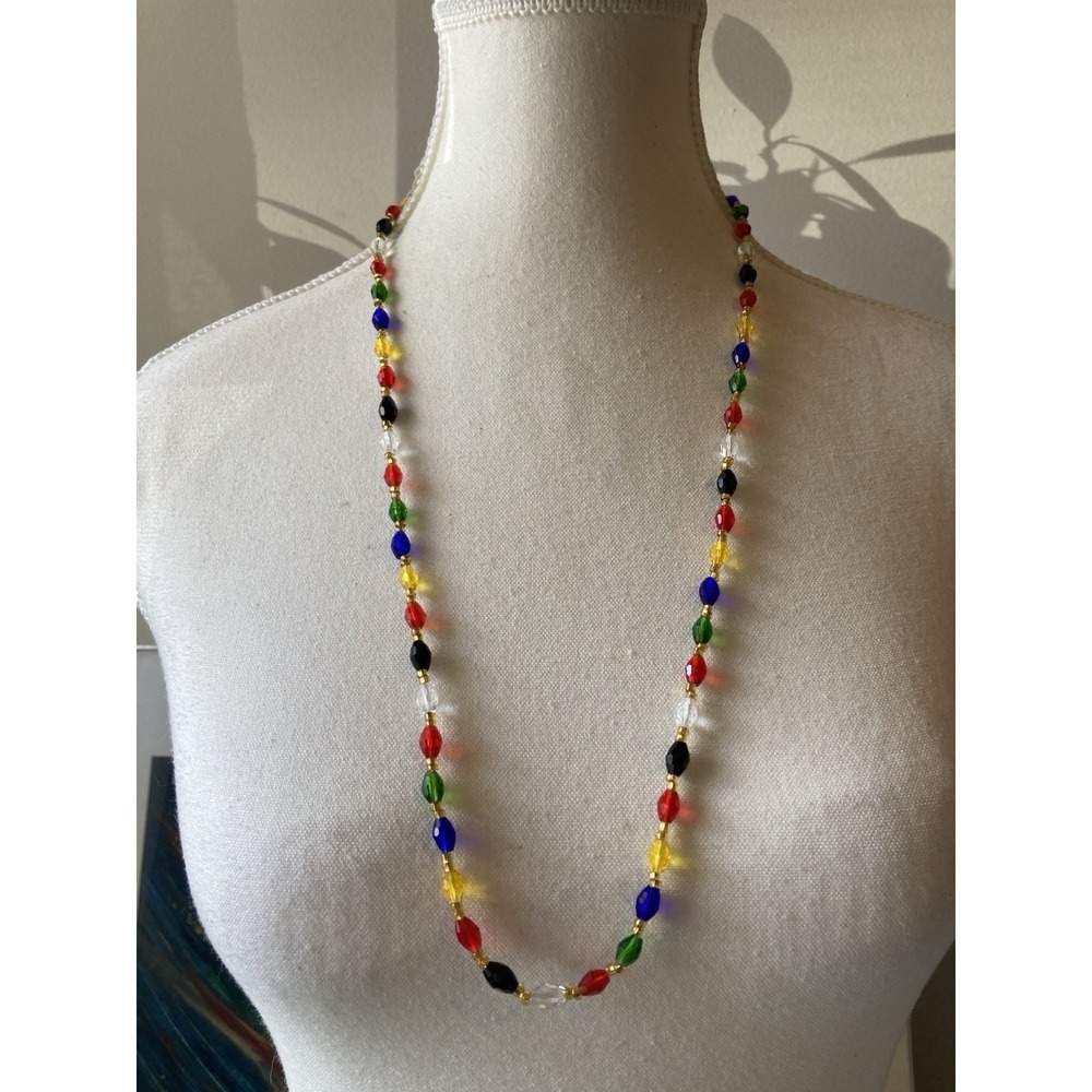 Multicolor Faceted Crystal Bead Necklace Gold Tone Spacers Rainbow 28 Inch
